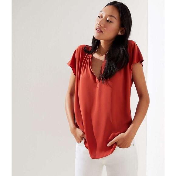 LOFT Split Neck Shirred Flutter Tee Top Size Small Lightweight Mixed Media Shell - Picture 1 of 11